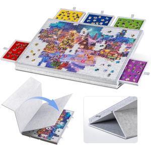 Lavievert Tilting Puzzle Board with 2-in-1 Designed Stand & Cover, Super Lightweight Felt Puzzle Plateau with 5 Drawers for Adults, Portable Jigsaw Puzzle Table for Up to 1000 Pieces – Light Gray, 30.3 × 21.1 × 1.7 in