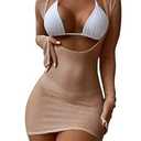 GORGLITTER Women's Crochet Bikini Cover Up Dresses Long Sleeve Beach Bathing Suit Swimsuit Coverups Dress Summer 2025 Brown Small