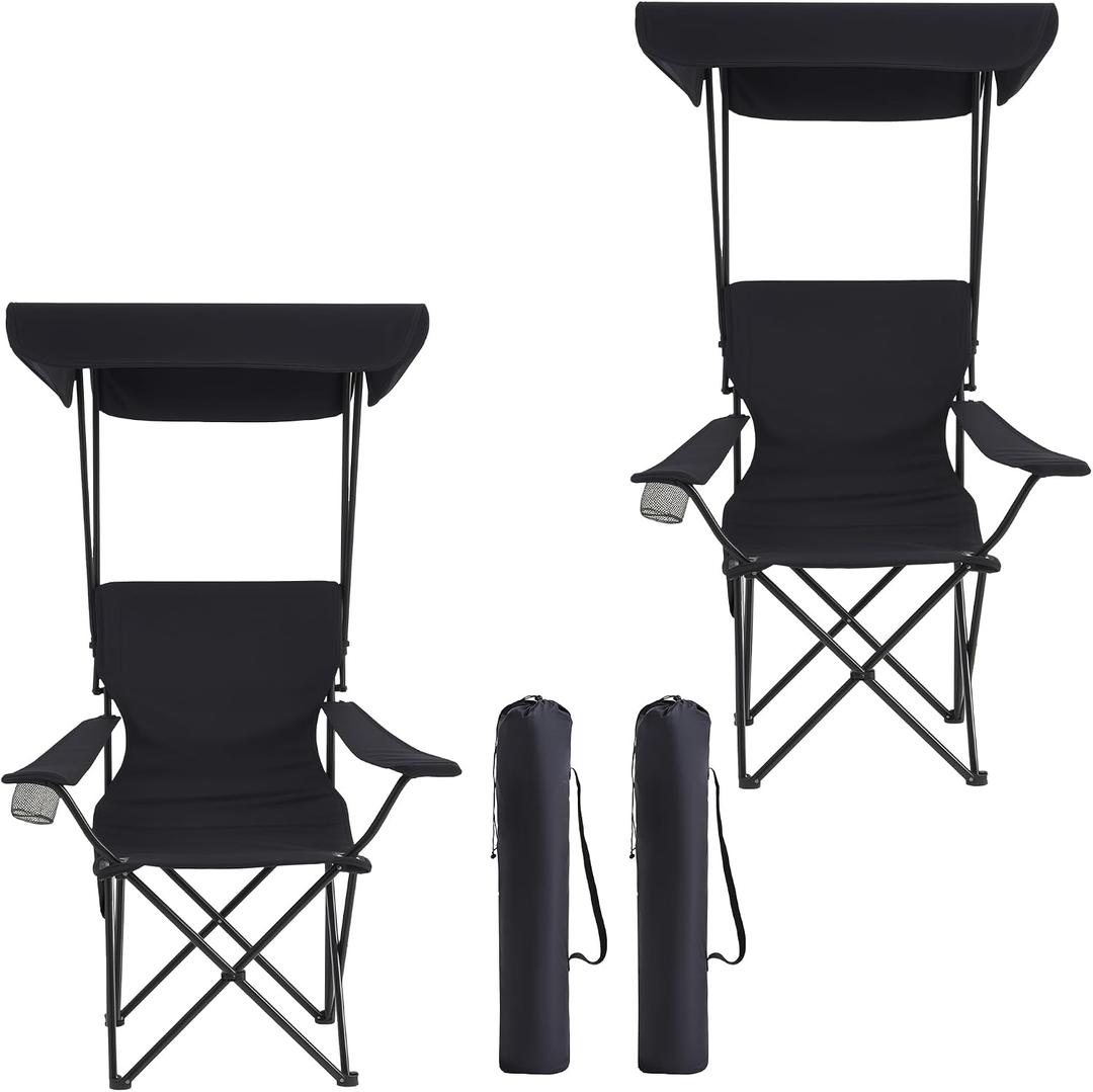 Portable Camping Chair 2 Pack with Foldable Canopy, Folding Outdoor Chair with Cup Holder & Side Pocket for Camping, Hiking, Picnic, Beach (Black)