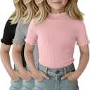 3 Pack Girls Shirts Short Sleeve Mock Turtleneck Cotton Cute Lettuce Trim Summer Tops 5-14Y Kids Clothes