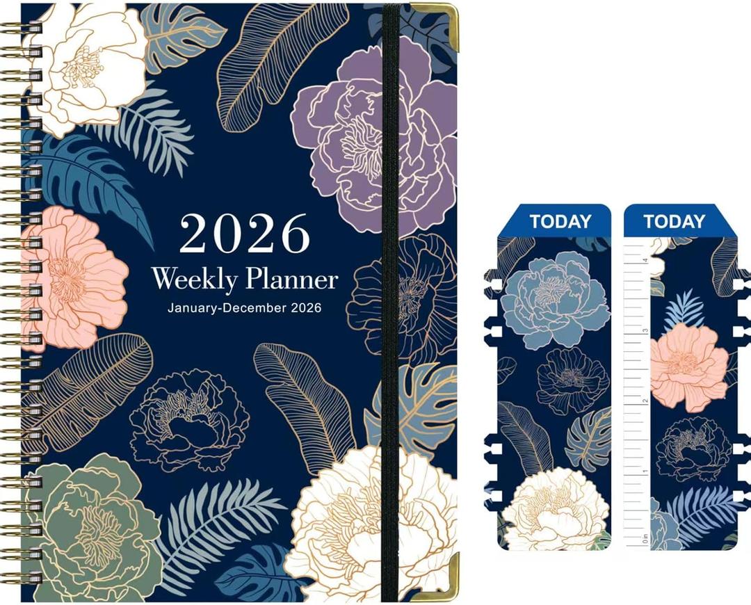 2026 Planner Weekly and Monthly Agenda Notebook, 6" X 8" Spiral Hardcover Daily Planner Calendar with Tab, Bookmarker, Elastic Band and Back Pocket, Office Supplies for Women Blue Floarl