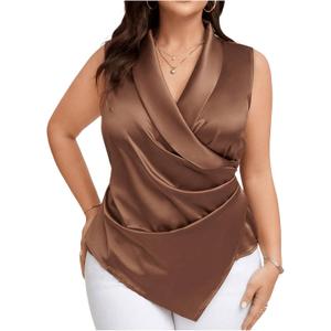 OYOANGLE Women's Plus Size Satin Wrap V Neck Sleeveless Blouse Asymmetrical Hem Elegant Work Office Tank Tops (Brown), Large Plus
