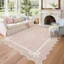 GarveeHome Scalloped Bow Rug for Living Room, Solid Camel Rug for Dorm, Washable Rugs 9x12 Soft Low Pile Non Slip Scalloped Rugs for Nursery College Bedroom Decor Kids Room Playroom