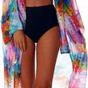 Wander Agio Womens Bikini Cover Ups Beach Casual Dress Coverup Swimsuits Long Cardigan Buttons Chiffon (Chiffon Colorful Feathers)