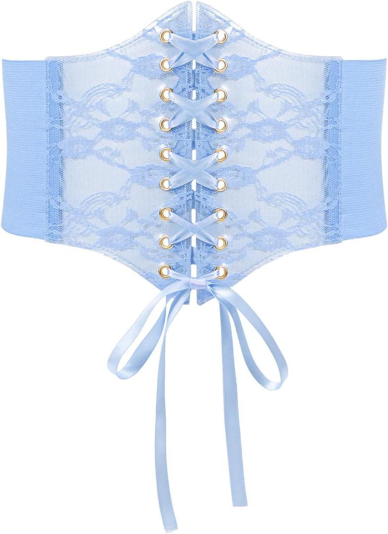 WHIPPY Women Lace-up Corset Waist Belt Transparent PVC Lace Crochet Petal Elastic Wide Belt for Dress (M: Fit Waist 31-34 Inches, Blue)