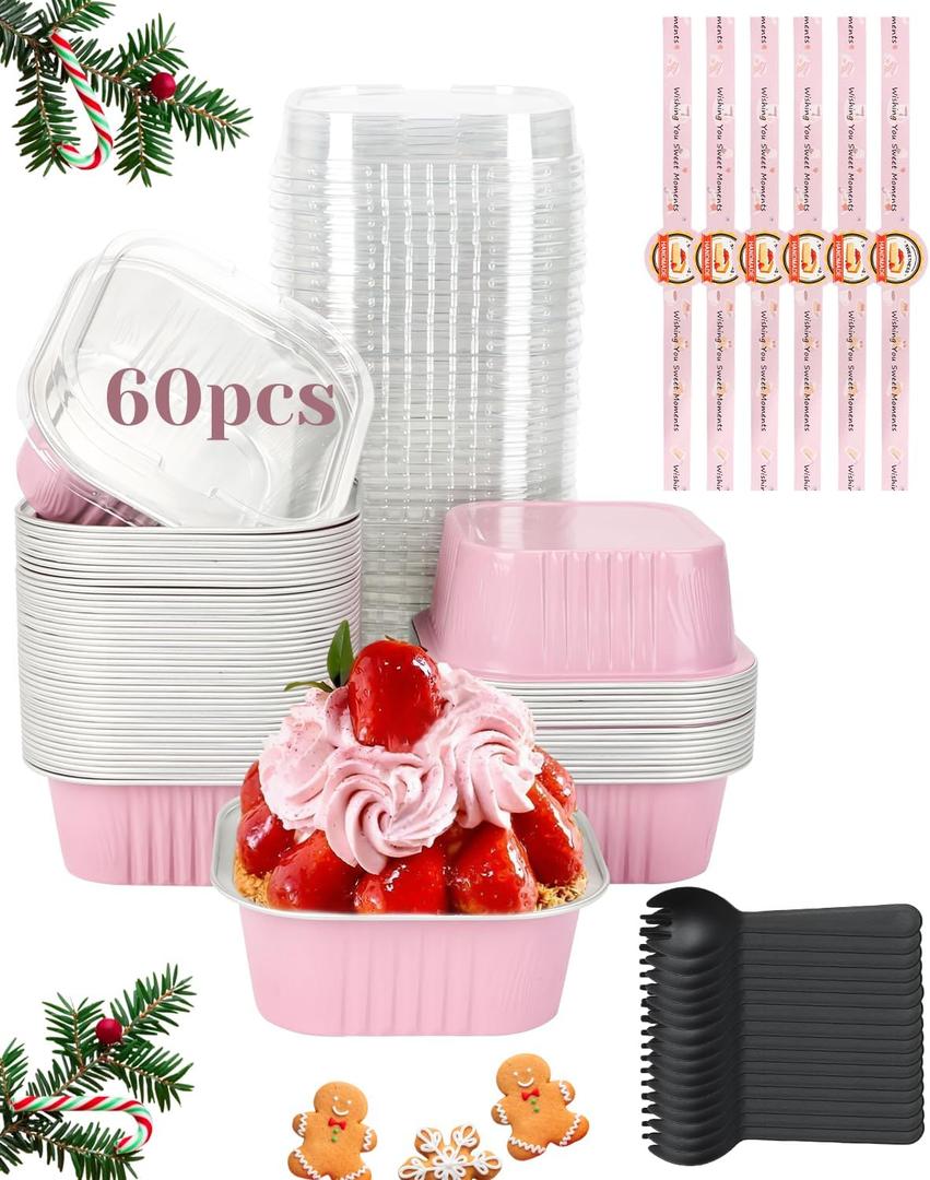 60 Pack 10oz Mini Cake Pans with Lids, Spoons, Stickers - Disposable Square Brownie Baking Cups - Individual Small Aluminum Foil Loaf Tins for Muffin, Ramekins, Cupcake - Catering, Gift, Pink