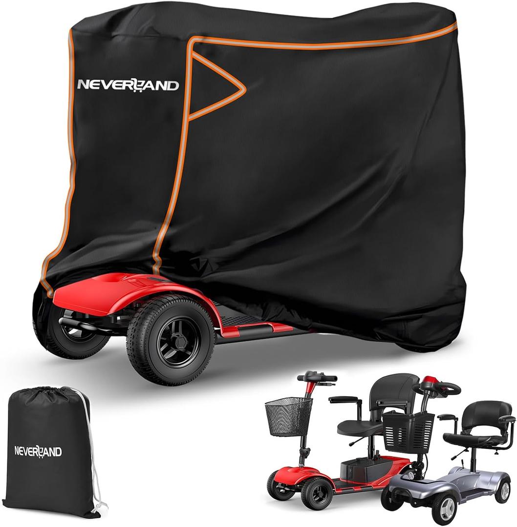 NEVERLAND Mobility Scooter Cover Waterproof - Heavy Duty 420D Electric Scooter Storage Cover Fit up to 49 inch 3 or 4 Wheel Mobility Scooters from Dust Rain Sun-Reflective Strips, Buckles, Storage Bag (black)