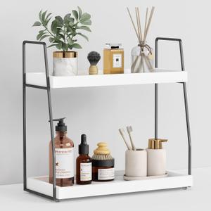 Forbena 2 Tier Bathroom Counter Organizer, White and Grey Coffee Bar Organizer for Countertop, Wood Shelf Tray for Vanity Makeup Storage, Small Kitchen Sink Top Organizers for Coffee Bar Station