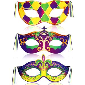 3 PCS Mardi Gras Outdoor Decorations, Large Mardi Gras Hanging Mask Banner Purple Green Yellow Porch Sign Oxford Banner for Carnival Party Masquerade