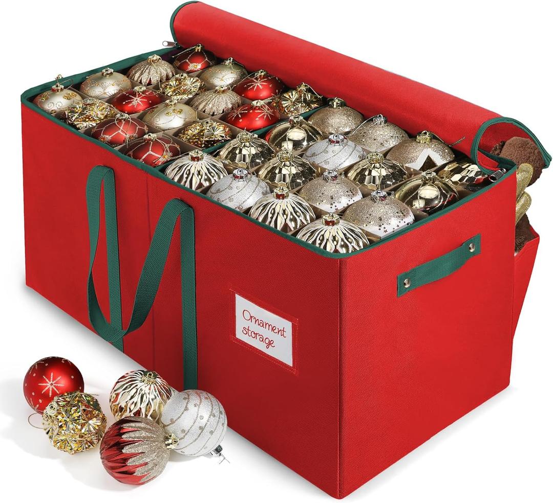 WDZREE Large Christmas Ornament Storage Box,4 Tier Holds Up to 128 Holiday Ornaments 3-Inch, Xmas Decorations Accessories Bag with Dual Zipper Closure,Made of Durable 600D Oxford Fabric (Red)