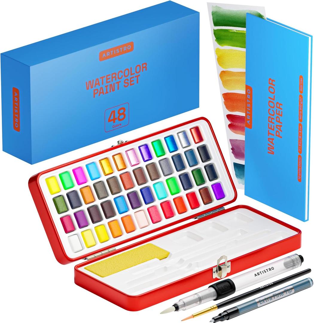 ARTISTRO Watercolor Paint Set 48 Colours in Portable Box, Includes Metallic and Fluorescent Paints, 2 x Brushes, Watercolour Paper, Acrylic Markers, Travel Set for Artist and Beginners