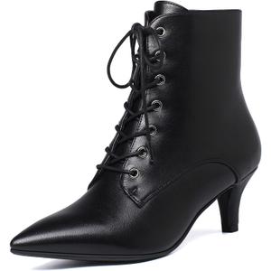 SEIFIN Women's Kitten Heels Lace Up Ankle Boots Low Mid Heeled Side Zipper Short Booties Pointed-Toe Shoes (8.5, Black)