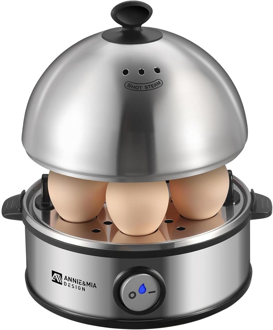 Annie & Mia Design Electric Egg Cooker, All Stainless Steel 7 Egg Capacity Egg Boiler, 360W, Hard, Medium, Soft Boiled Egg Poacher, egg steamer, Multi-function, Auto Shut-Off Function, BPA-free