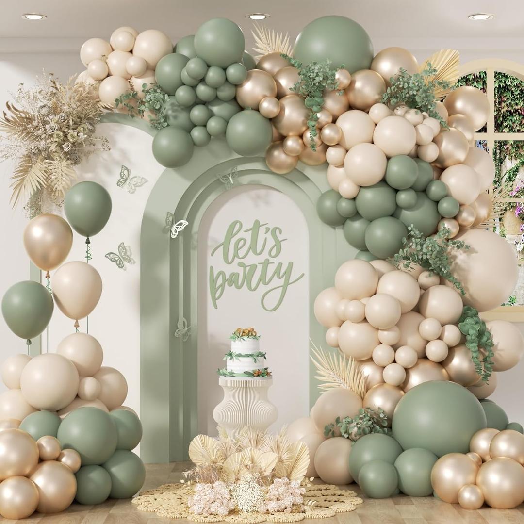 130Pcs Sage Green Balloon Garland Arch Kit with Sage Green Sand White Gold Balloons for Baby Shower Bridal Shower Birthday Engagement Birthday Party Decorations