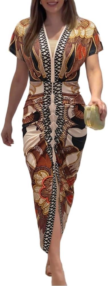 CHICME Summer Dresses for Women Floral Print Plunge V Neck Midi Dress Casual Ruched Slit Bodycon Party Dress (Medium)