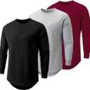 JMIERR Mens 3 Pack Cotton Hipster Hip Hop Longline Crewneck T-Shirt (Medium, A-black/Light Grey/Red)