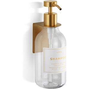Shower Shampoo Dispenser Wall Mounted Refillable 16.9 oz Clear Bottle with Stainless Steel Pump & No-Drill Adhesive Holder Soap Dispenser for Bathroom (1 X Clear/Gold)