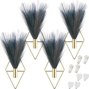 Hanaive 4 Sets Boho Wall Decor Metal Wall Art Hanging Planters with Artificial Pampas Display Modern Home Vase for Bedroom Home Office (Mazarine, Turquoise, Peacock Blue, Light Gray,Gradient Blue)