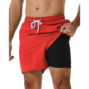 SILKWORLD Mens Swimming Trunks with Compression Liner 2 in 1 Quick-Dry Swim Shorts with Zipper Pockets (Large, Orange Red)