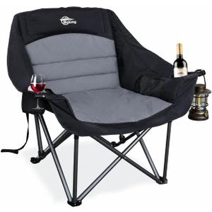 Oversized Camping Chairs for Adults | XL Heavy Duty Lawn Chair Padded Folding Chair with Cup Holder for Outdoor Sports Fishing Backyard Supports 500lbs, Black, Size Single Seat