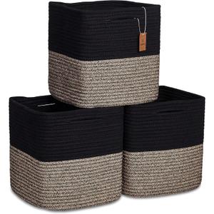 NaturalCozy Storage Cubes 11 Inch Cotton Rope Woven Baskets for Organizing, 3-Pack | Cube Storage Bin | Square Storage Baskets for Shelves Organizer, Classroom, Kids Toy Bins, Closet, Baby Nursery (Black & Mixed Black)