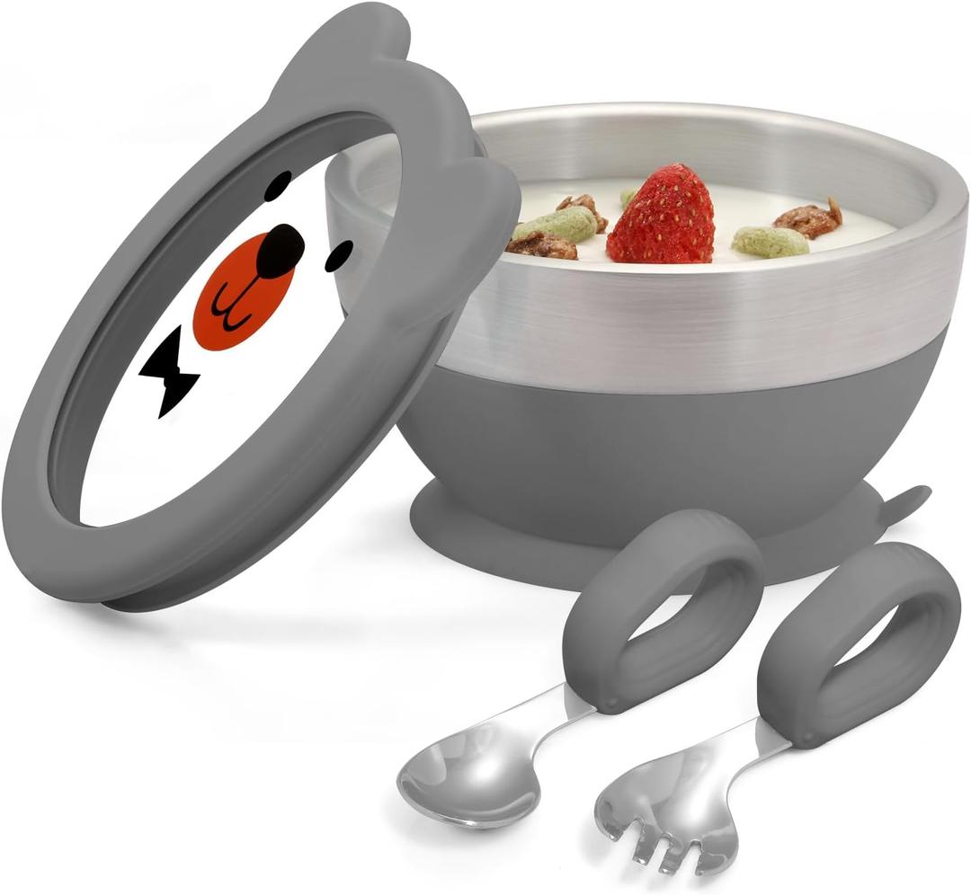 MR. CHOU Baby Bowl Set with Spoon & Fork, Insulated Double-Layer 18/8 Stainless Steel Toddler Bowls with Silicone Suction Cup & BPA Free Airtight Lids, Food Grade Infant Self-Feeding Bowl, Gray