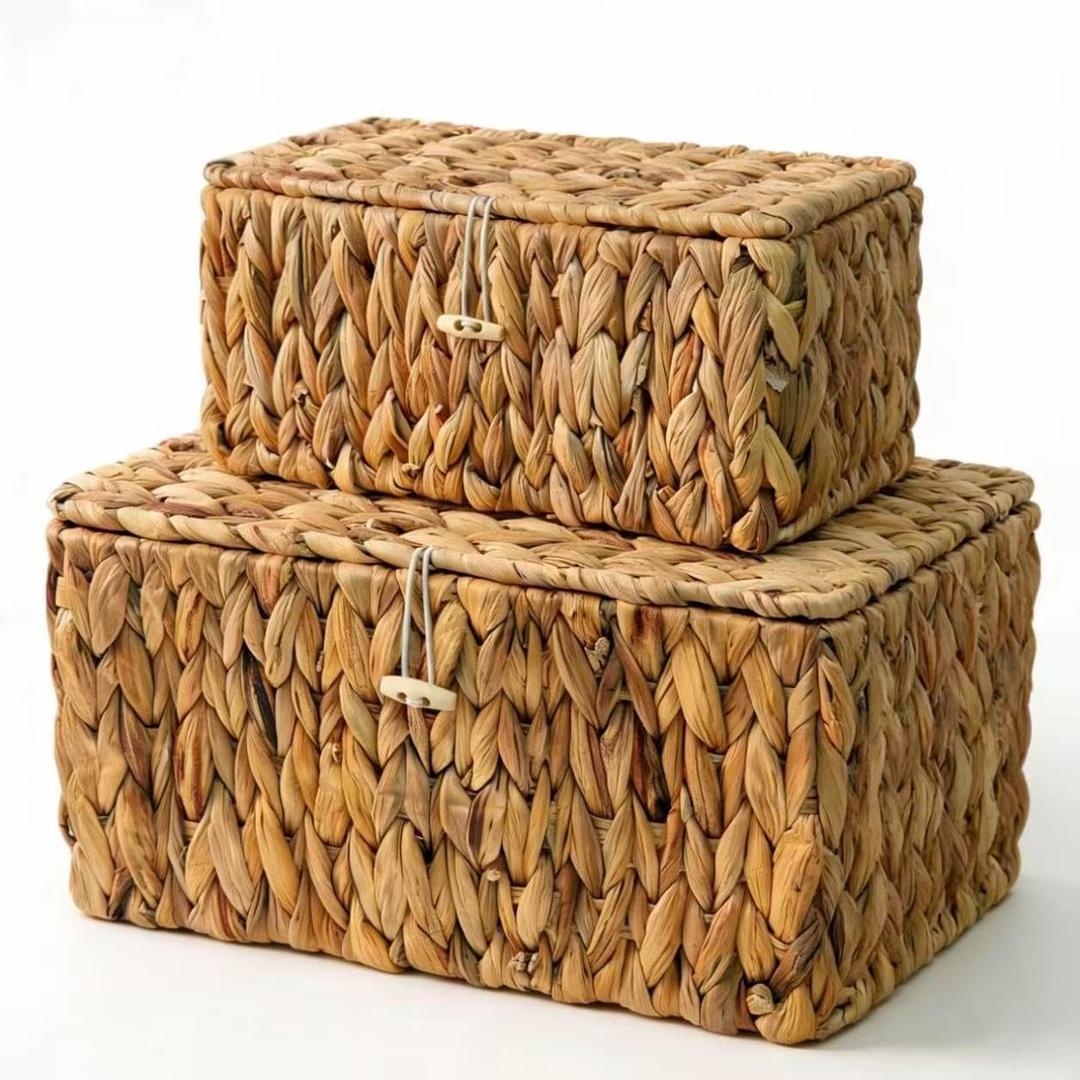 Wicker Storage Baskets Set with Lids - Rattan Organizing Basket Natural Rectangular Shelf Bins for Bedroom, Bathroom, Living Room Clutter - Large & Small Size Included