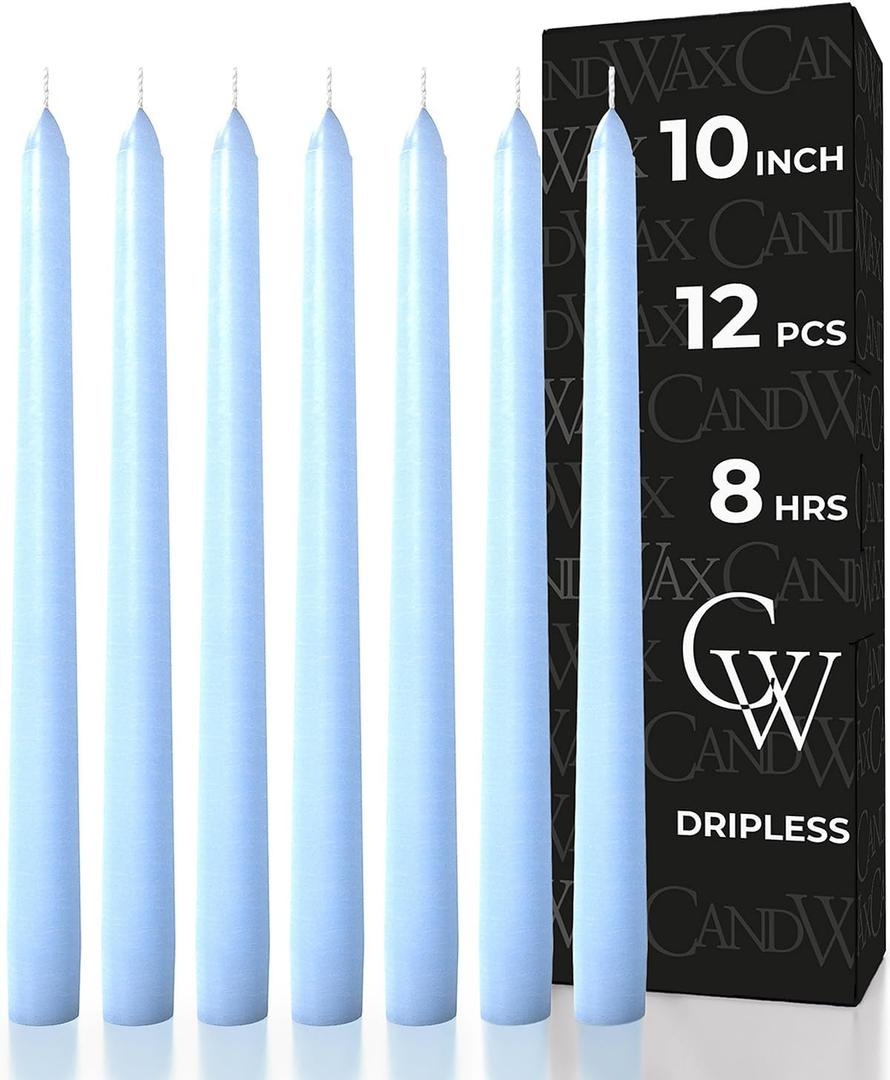 CANDWAX 10-inch Taper Candles - Set of 12 Dripless Unscented Candlesticks - Perfect for Dinner and Household Use - Baby Blue