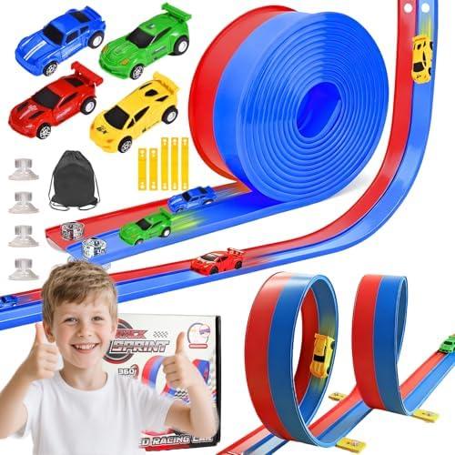 20ft Flexible Race Track for Kids with 4 Pull-Back Cars & Portable Storage Bag,4pcs Strong Suction Cups,5pcs Track Stabilizers,for 1/64 Cars,Roll Up Slot Car Race Track with Loops