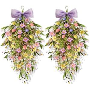 2 Pack 22'' Easter Swag Wreaths for Cabinets Easter Teardrop Wreath with Daisy Flower and Eggs Artificial Spring Teardrop Wreath Hanger for Farmhouse Front Door Porch Window Wall Hanging Decor