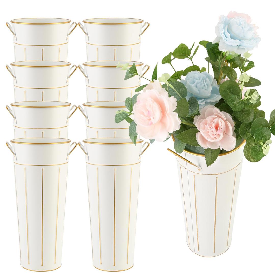 Entjor Galvanized Flower Bar Buckets with Handles 8 Pcs 9 Inch Tall Metal Bucket for Flower Supplies, Home Decor, Wedding Centerpiece, Table Decorations, Outdoor Unbreakable Tin Vase