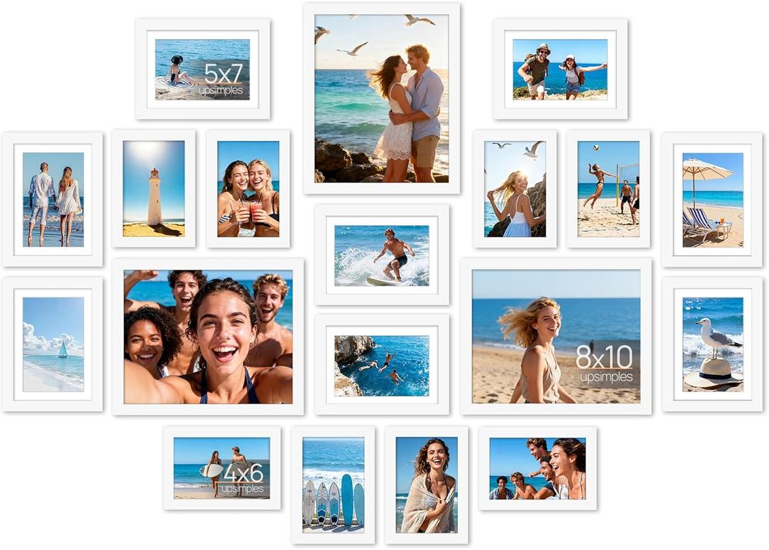 upsimples 19 Pack Picture Frames Collage Wall Decor for Mounting or Tabletop Display, Photo Gallery Frame Set for Family, Multi Sizes Including 8x10, 5x7, 4x6, White
