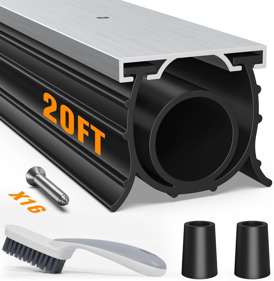 Garage Door Seals Bottom Rubber, with Aluminum Track Retainer Kit, 3-Sided Weatherproof Seal, Three Layers of Protection, Garage Door Bottom Seal 20 Ft, Easy to Install (Black)