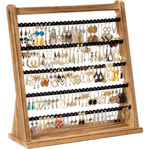 Earring Holder Organizer, Rustic Wood Earring Holder Stand, 5 Layer Jewelry Holder Organizer with 270 Earring Tree Holes Display Rack for Stud Earings & Hoop Earrings, Gifts for Women (Carbonized Brown)