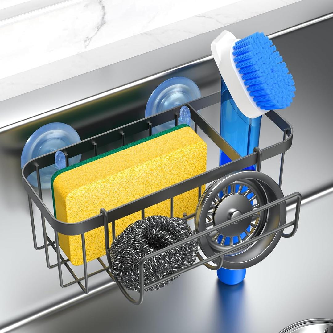 2 x 3-in-1 Kitchen Sink Caddy Organizer with Sponge Holder, Brush Holder, Extra Rack for Scrubber, Sink Stopper, Dish Cloth Hanger - Strong Dual Suction Cup, 2.0mm SUS304 Stainless Steel - Grey