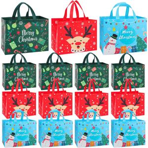 YALTOON 15 Pack Large Christmas Gift Bags Bulk, Heavy Duty Reusable Tote Bags with Handles, Non-Woven Christmas Bags for Gifts, Holiday Shopping, Xmas Party Favors, 15pcs L 16.9" x12.6x7.1