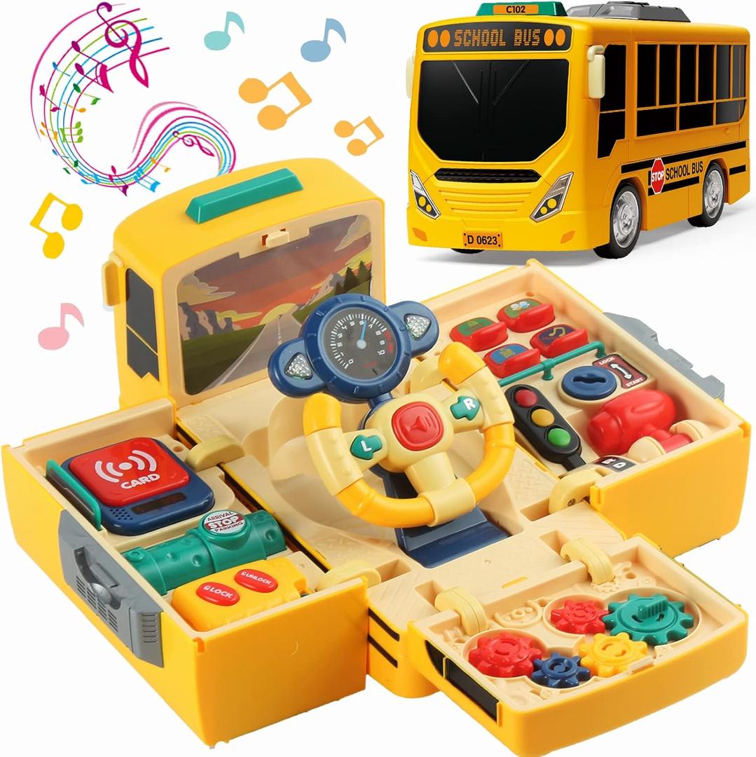 HONGTUO School Bus Toy with Sound and Light, Simulation Steering Wheel, Toddlers School Bus with Music Education, Gift for 1-3-5 Boys & Girls, School Bus Toy