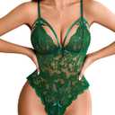 Avidlove Lace Bodysuit for Women Bow Tie Teddy Lingerie Sexy V Neck Babydoll Satin Ribbon(Green,Medium)