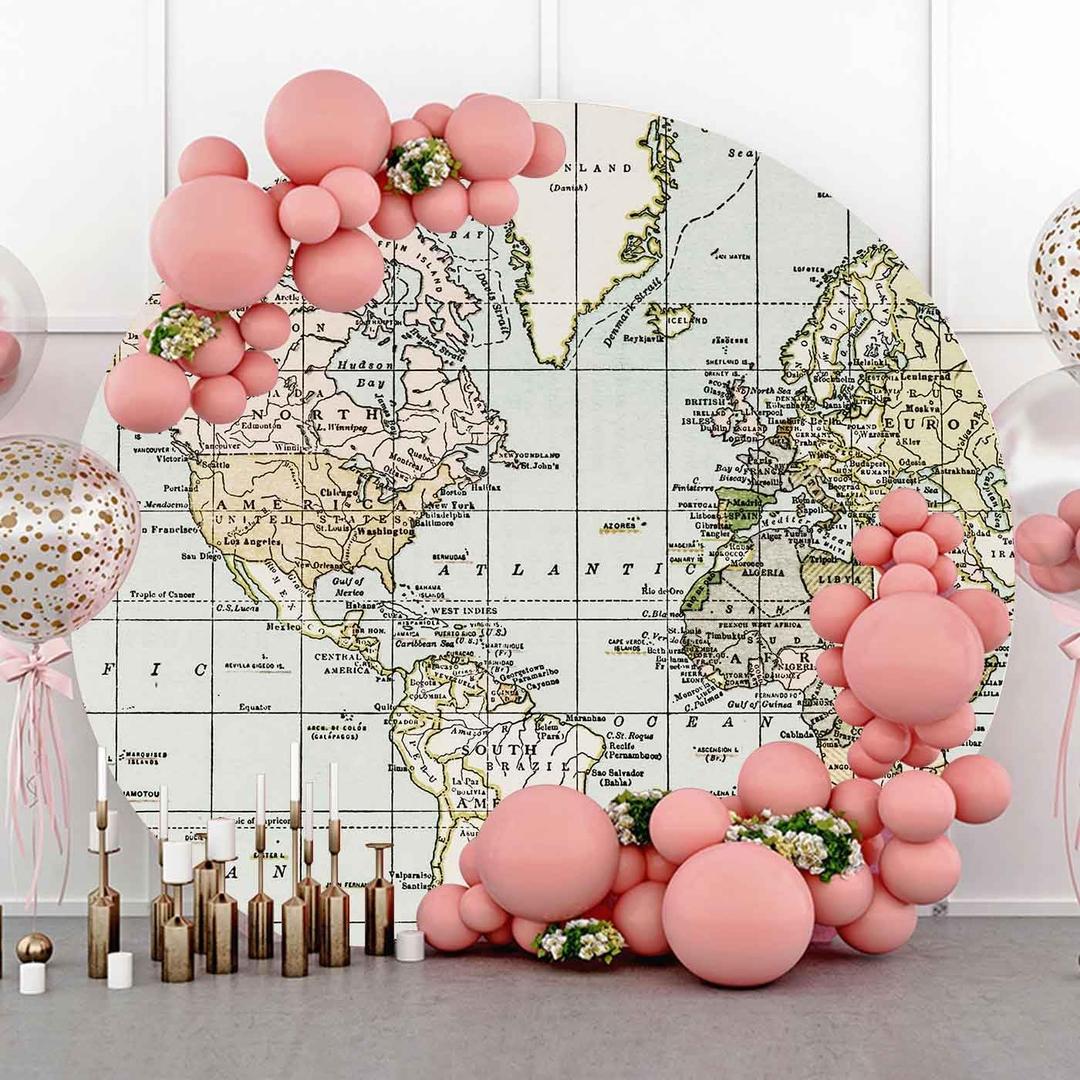 7.2ft World Map Round Backdrop Cover, Flannel Fabric Vintage Geographical Educational Adventure Circle Backdrop Cover, Chic Circular Arch Cover YMBXTPH322, 7.2X7.2ft