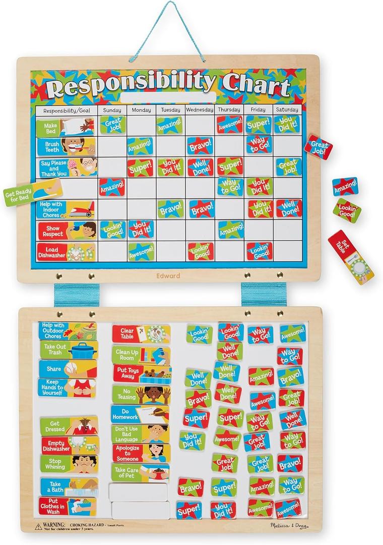 Melissa & Doug Magnetic Wooden Responsibility Chart Toddler Routine, Kids Reward Board, Chores Chart, Responsibility Tool for Kids Ages 3+