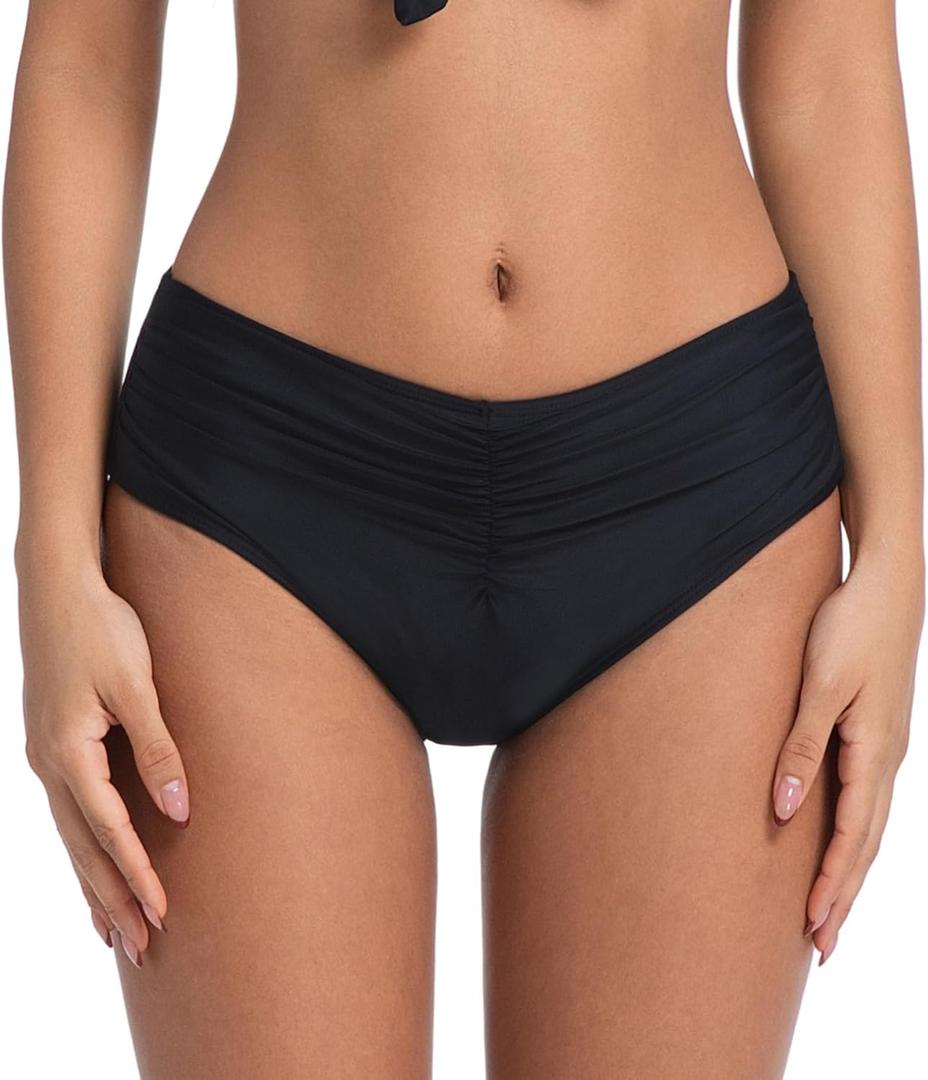 COCOPEAR Mid Rise Bathing Suit Bottoms for Women Ruched Tummy Control Swim Bottoms Full Coverage Bikini Bottoms for Women, S, Black