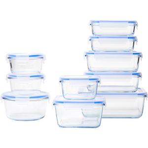 Amazon Basics Leak-Proof Glass Locking Lids Food Storage Containers, 20-Piece Set, includes 10 Bases and 10 Plastic Lids, Clear, Blue, BPA free