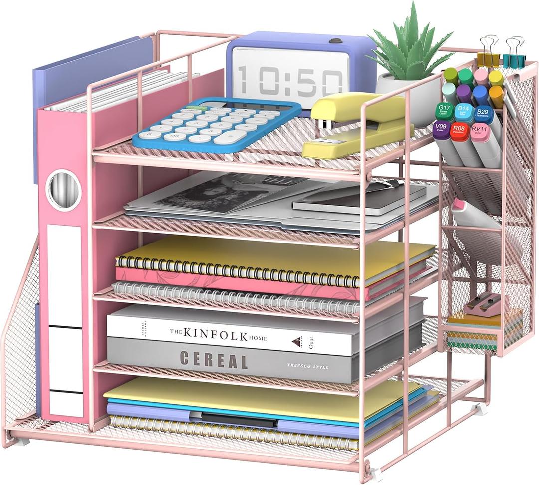 Desk Organizer with Magazine Holder, 5-Tier Paper Organizer for Desk with Pen Holder, Paper Letter Tray for Home, Office or School Supplies, Pink