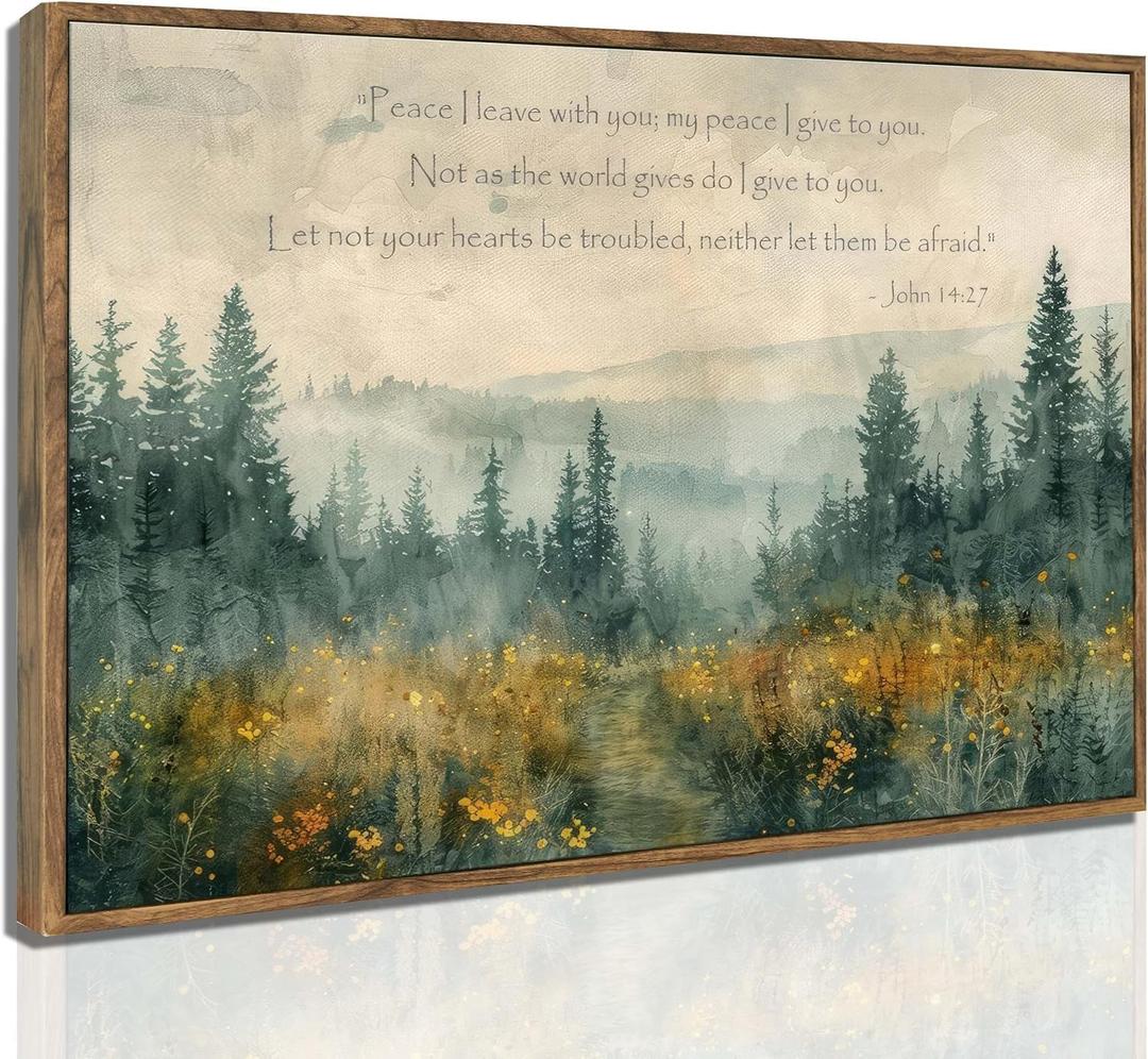 Framed Farm Christian Bible Canvas Wall art Scripture John14:27 Vintage Forest Pathway Landscape Watercolor Painting Picture Wall Decor Poster Print Artwork for Living Room Bedroom Home Decoration (24"L x 16"W)