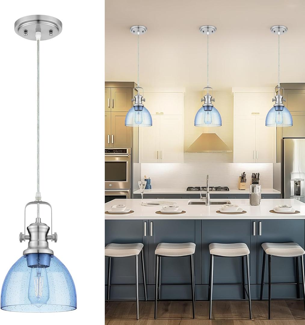 Pendant Lights Kitchen Island, 7.5" Farmhouse Pendant Lighting with Blue Seeded Glass Shade, Vintage Hanging Light Fixtures for Dining Room, Brushed Nickel Finish, AD-22151-1P-SN-BL