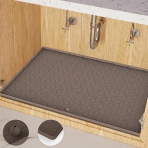 Under Sink Mat, 14"x22" Under Sink Mats for Kitchen, Silicone Waterproof Under Sink Liner, Sink Cabinet Organizer Tray with Drain Hole (Brown)
