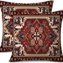 Outdoor Waterproof Pillow Covers 18x18 Inch Red Floral Bohemian Vintage Carpet Pattern Ethnic Design Decorative Farmhouse Cushion Cases for Sofa Couch Garden Balcony Set of 2