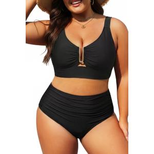 Yonique Women Plus Size High Waisted Bikini - Two Piece Swimsuit U-Wire Cutout Tummy Control Bathing Suit 2026 Swimwear (Black)
