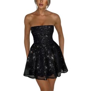 AIBEARTY Women's Sexy Glitter Off Shoulder Mini Dress Shiny Strapless Pleated A Line Dress for Party Club, Small