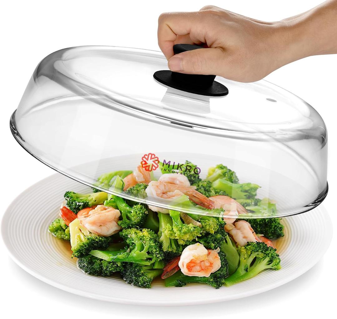Mikro Innovations 10.5-Inch Glass Microwave Splatter Cover Borosilicate Glass Food Plate Splatter Guard with Vent Hole, BPA-Free, Easy-Grip Silicone Knob, Dishwasher Safe (1, Black, 10.5in)
